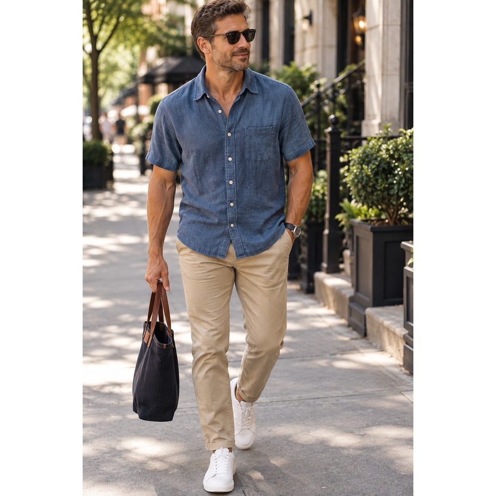Faherty Shirt Men Medium Blue Short Sleeve Linen Laguna Indigo Basket Weave